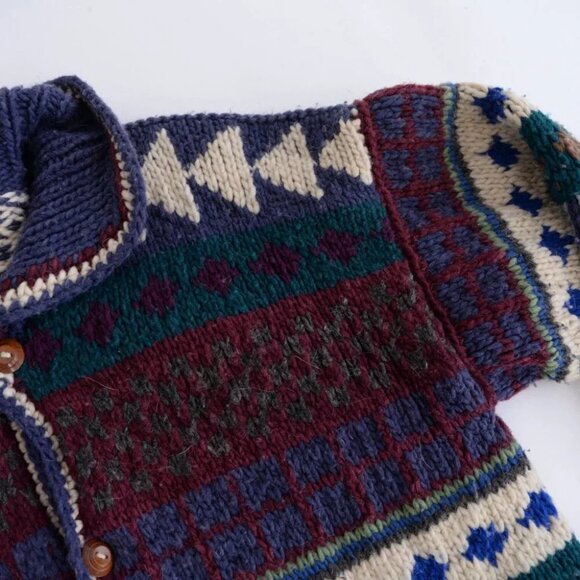 Vintage Handmade Maroon Teal 100% Heavy Weight Wool Button Up Knit Sweater L-XL - Picture 11 of 11